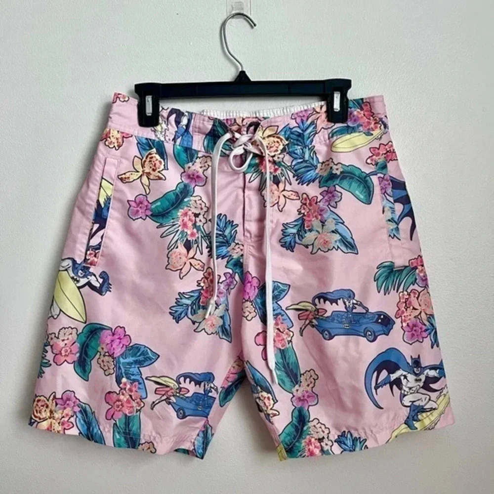 Pink Floral Hawaiian Batman Swim Trunks Shorts‎